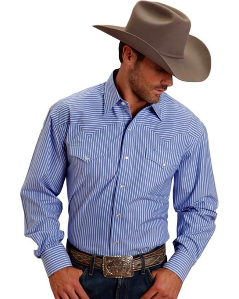 Stetson Men's Two Pocket Striped Western Snap Shirt, Blue, hi-res