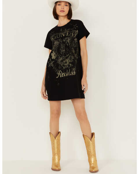 Image #1 - Blended Women's Country Reckless Graphic Tee Mini Dress , Black, hi-res