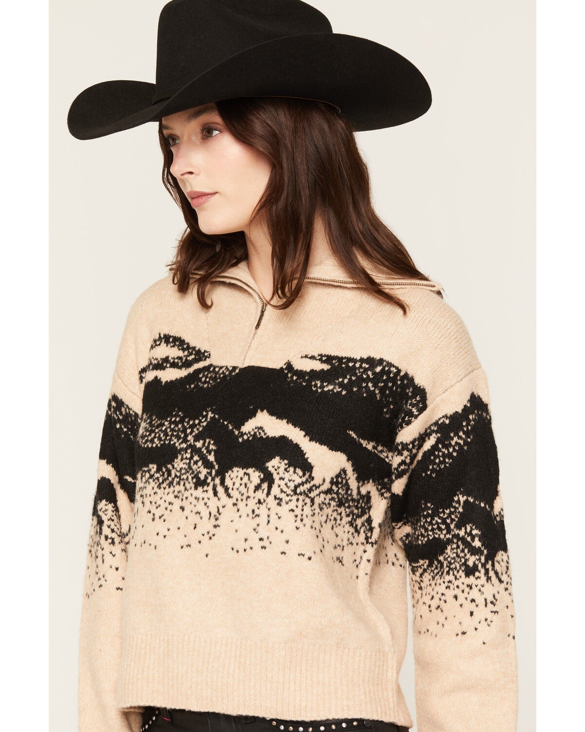 Image #2 - Idyllwind Women's Running Horse Half Zip Sweater, Khaki, hi-res