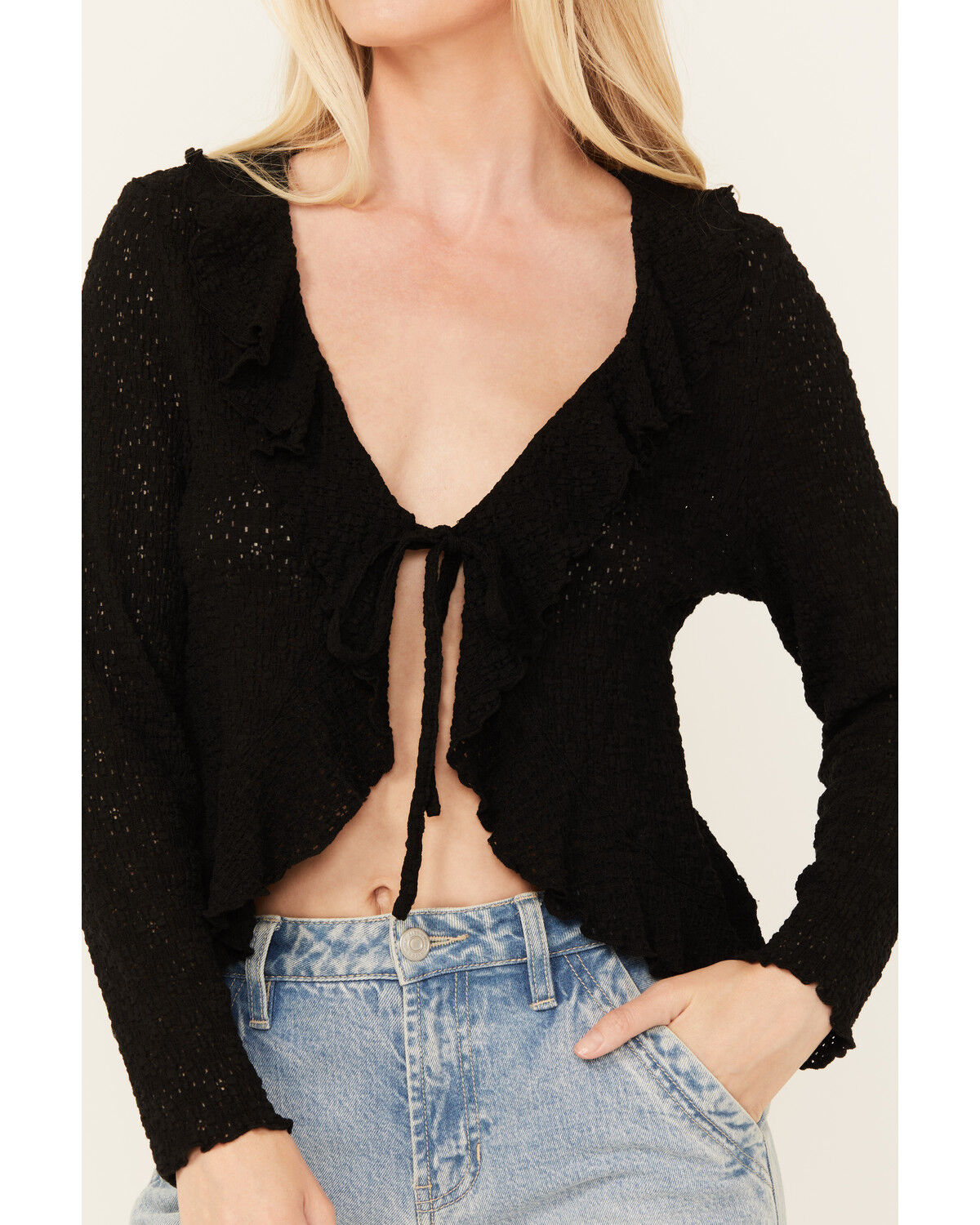 Image #3 - Bila77 Women's Ruffle Front Maxella Long Sleeve Top, Black, hi-res