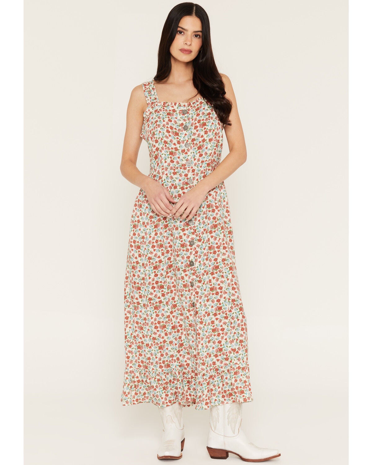 Image #1 - Cotton & Rye Women's Boot Barn Exclusive Ditsy Daisy Floral Print Sleeveless Button-Down Midi Dress, Cream, hi-res