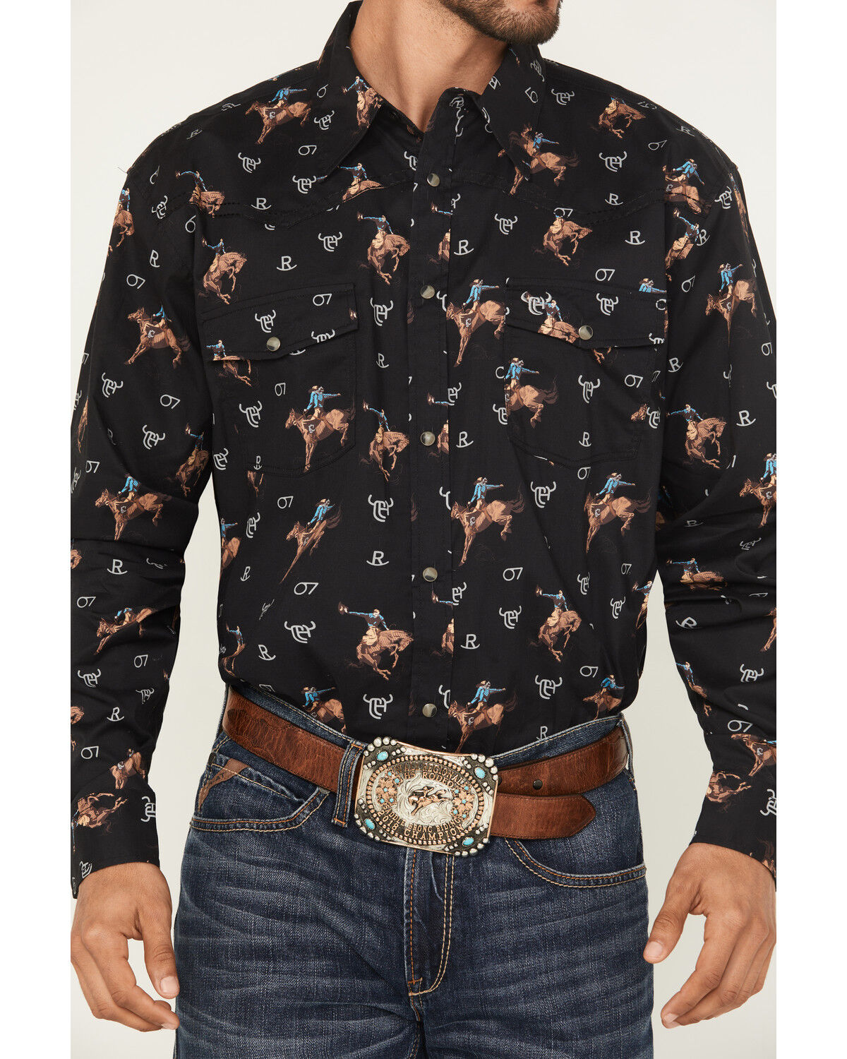 Image #3 - Cowboy Hardware Men's Vintage Bronco Print Long Sleeve Snap Stretch Western Shirt, Black, hi-res
