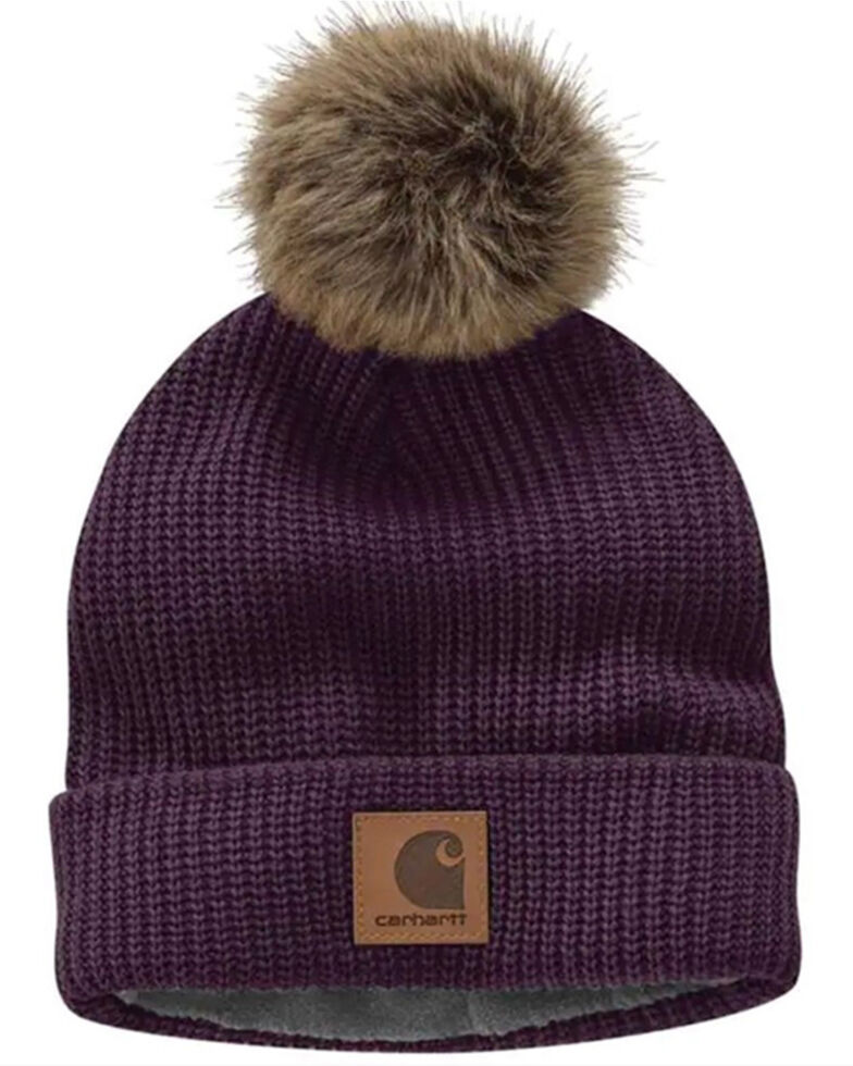 Carhartt Nocturnal Haze Knit-Fleece Lined Pom Beanie , Dark Blue, hi-res