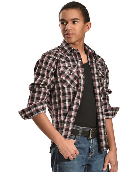 Wrangler Boys' Assorted Plaid Long Sleeve Pearl Snap Western Shirt , Plaid, hi-res