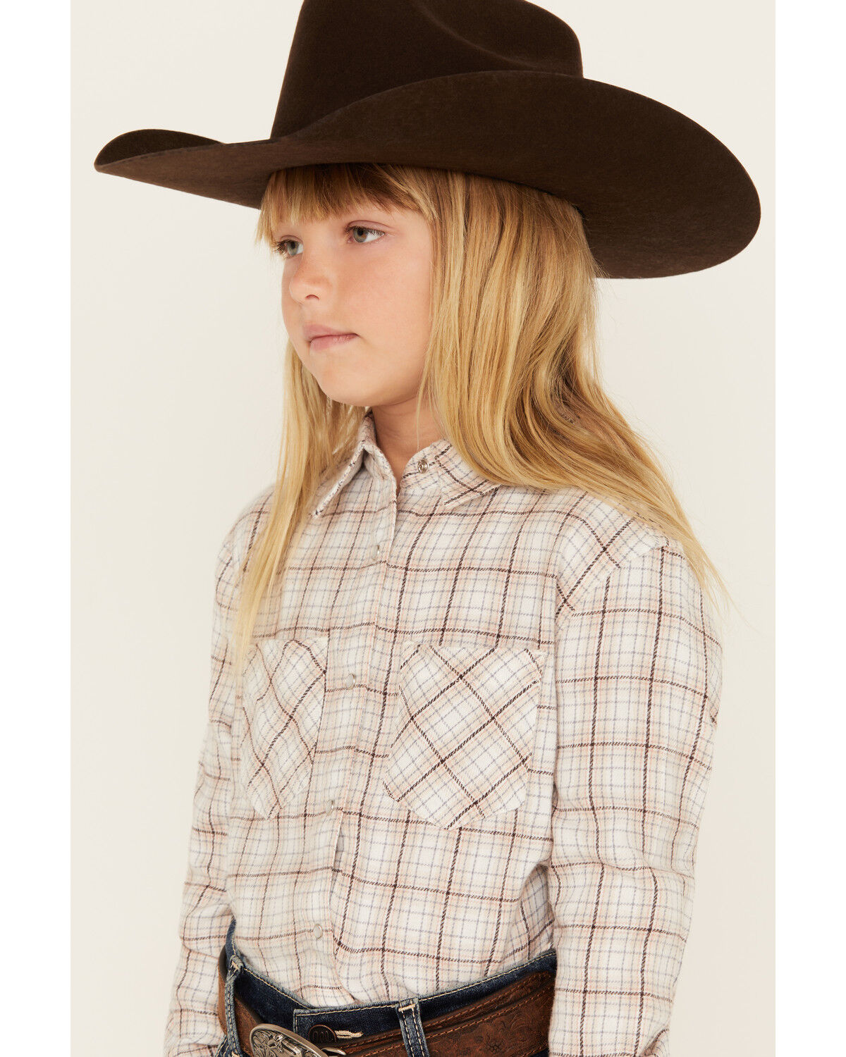 Image #3 - Shyanne Girls' Plaid Print Long Sleeve Snap Western Shirt, Off White, hi-res