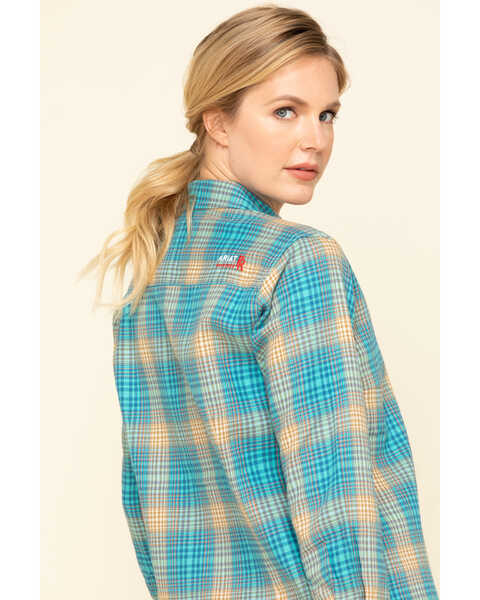 Image #5 - Ariat Women's Boot Barn Exclusive FR Savana Plaid Print Long Sleeve Work Shirt, Blue, hi-res