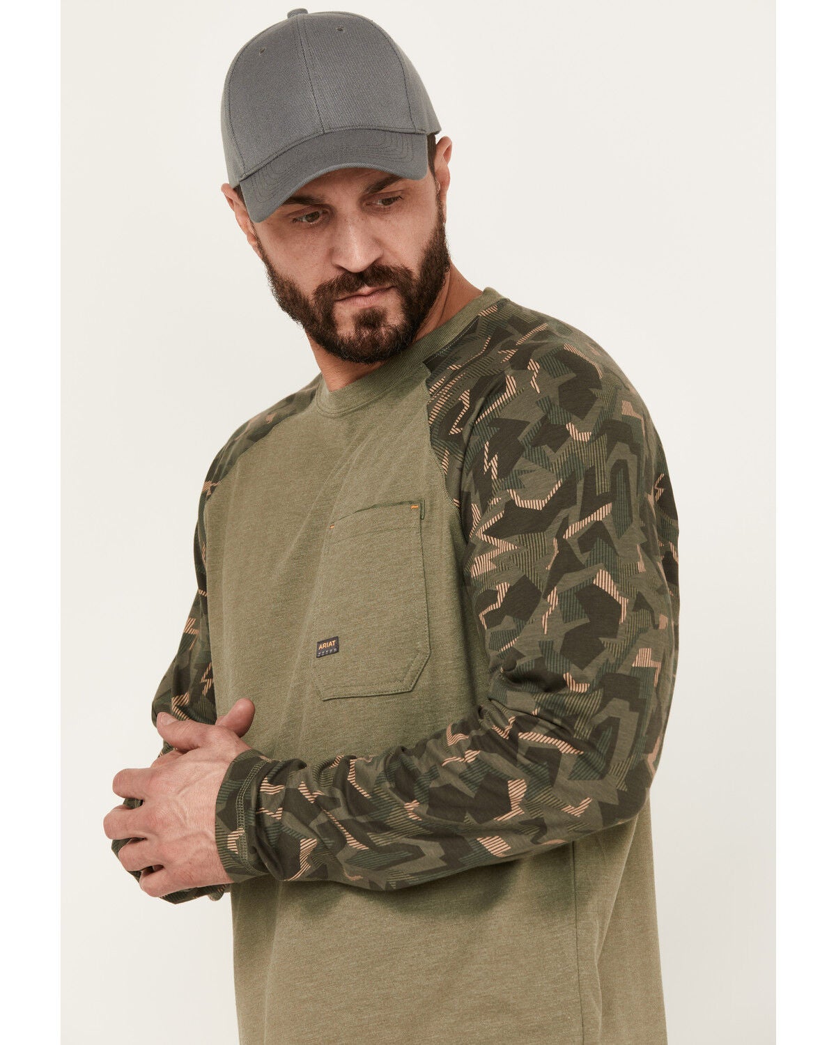 Image #2 - Ariat Men's Rebar Workman Baseball Long Sleeve Shirt, Green, hi-res