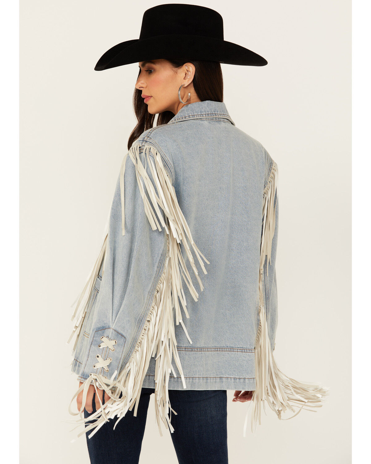 Image #4 - Saints & Hearts Women's Light Wash Denim Fringe Blazer, Blue, hi-res