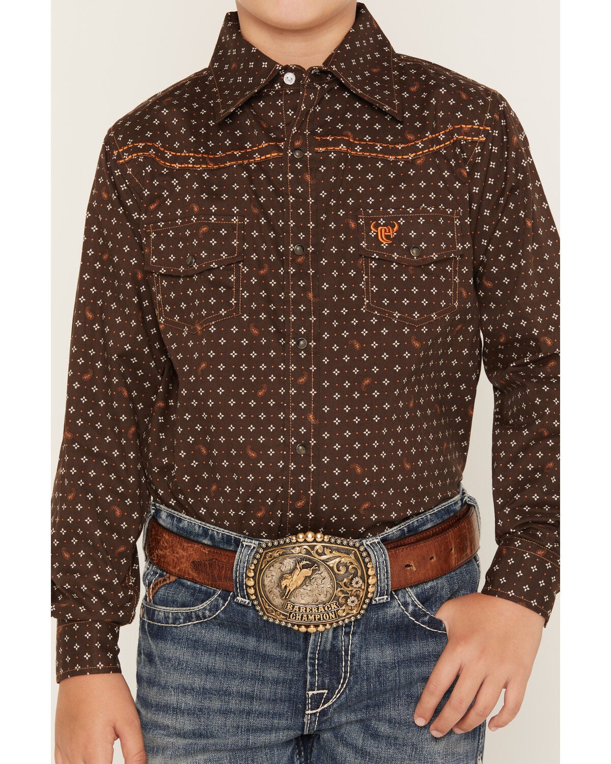Image #3 - Cowboy Hardware Boys' Geo Print Long Sleeve Snap Western Shirt, Brown, hi-res