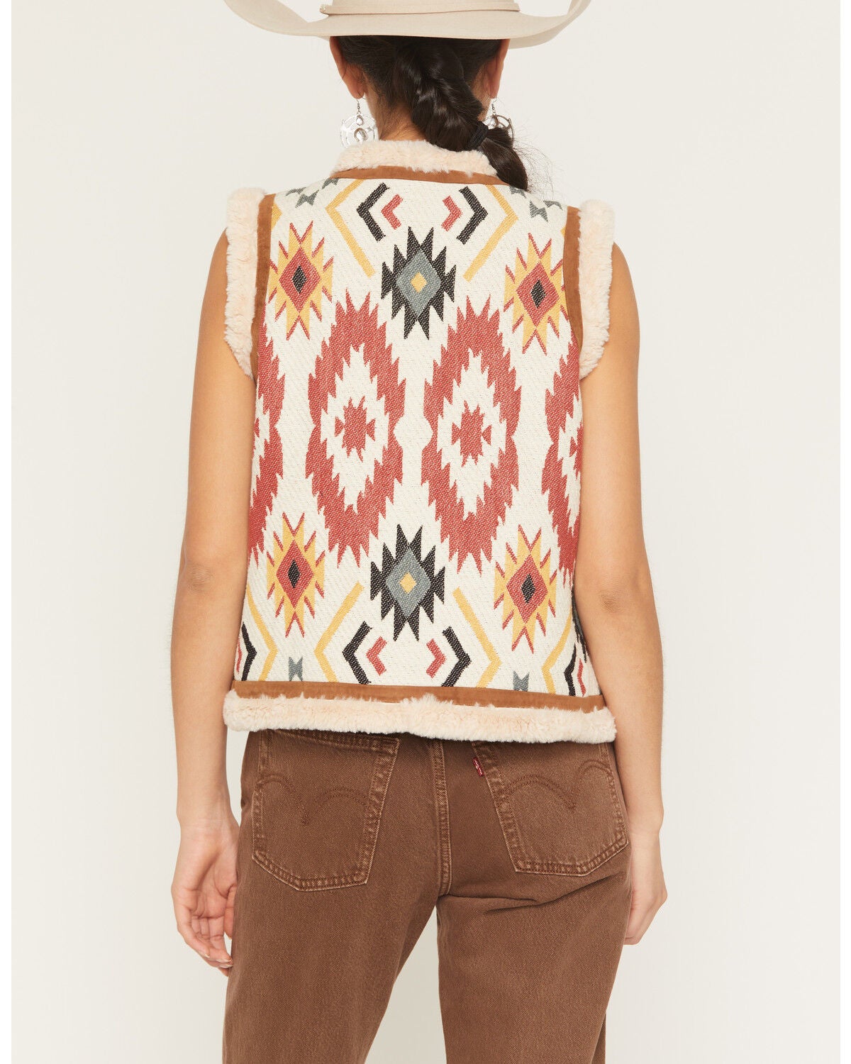 Image #4 - Scully Women's Southwestern Print Sherpa Trim Suede Vest, Sand, hi-res