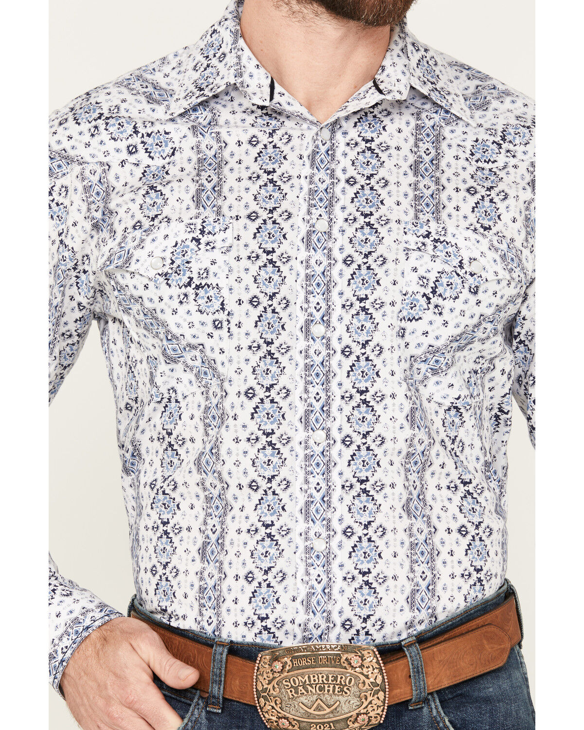 Image #3 - Rough Stock by Panhandle Men's Southwestern Print Long Sleeve Pearl Snap Western Shirt, Blue, hi-res
