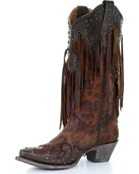 Image #2 - Corral Women's Leopard Stud & Fringe Western Boots - Snip Toe, Honey, hi-res