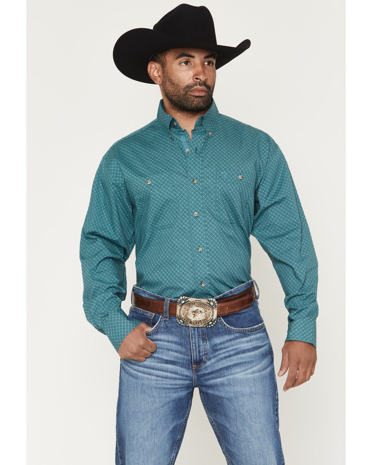 George Strait by Wrangler Men's Geo Print Long Sleeve Button-Down Stretch Western Shirt, Aqua, hi-res