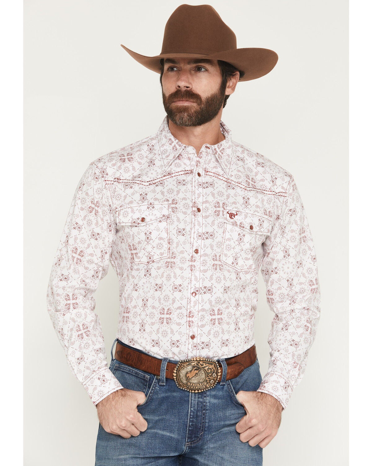 Image #1 - Cowboy Hardware Men's Bandana Print Long Sleeve Snap Stretch Western Shirt, White, hi-res