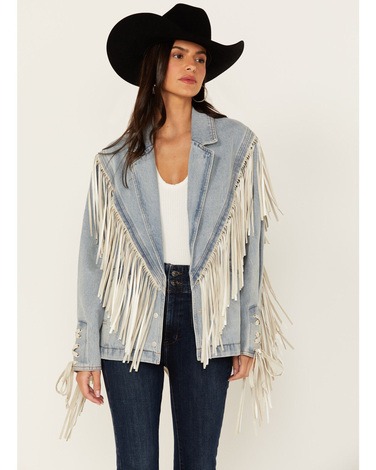 Image #1 - Saints & Hearts Women's Light Wash Denim Fringe Blazer, Blue, hi-res