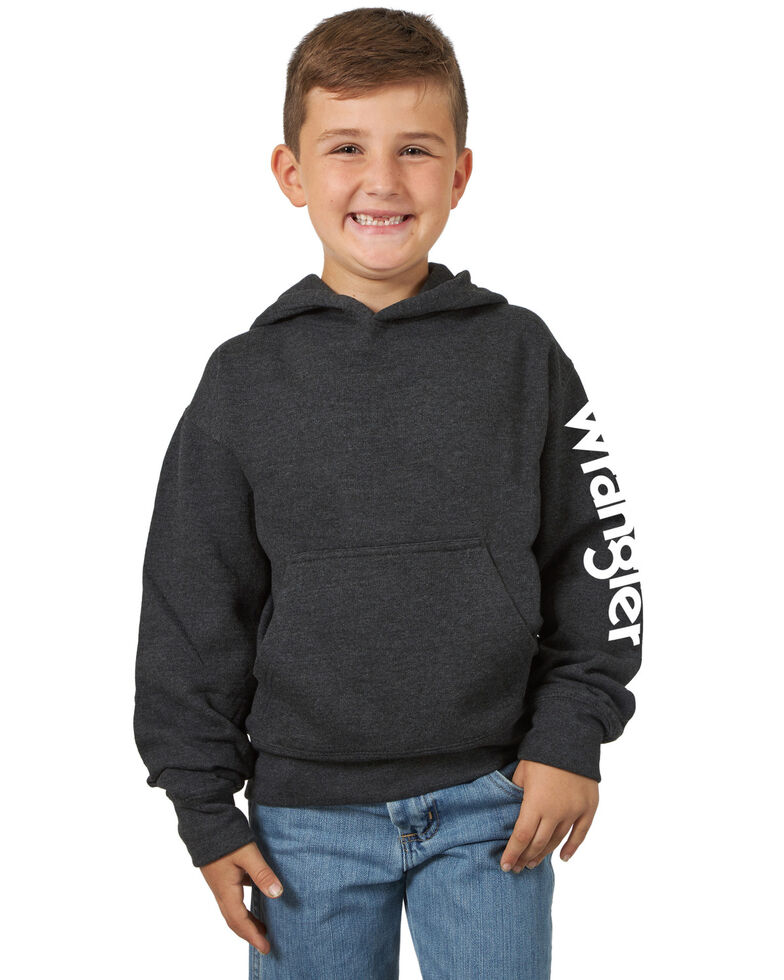 Wrangler Boys' Grey Logo Sleeve Graphic Hooded Sweatshirt , Grey, hi-res