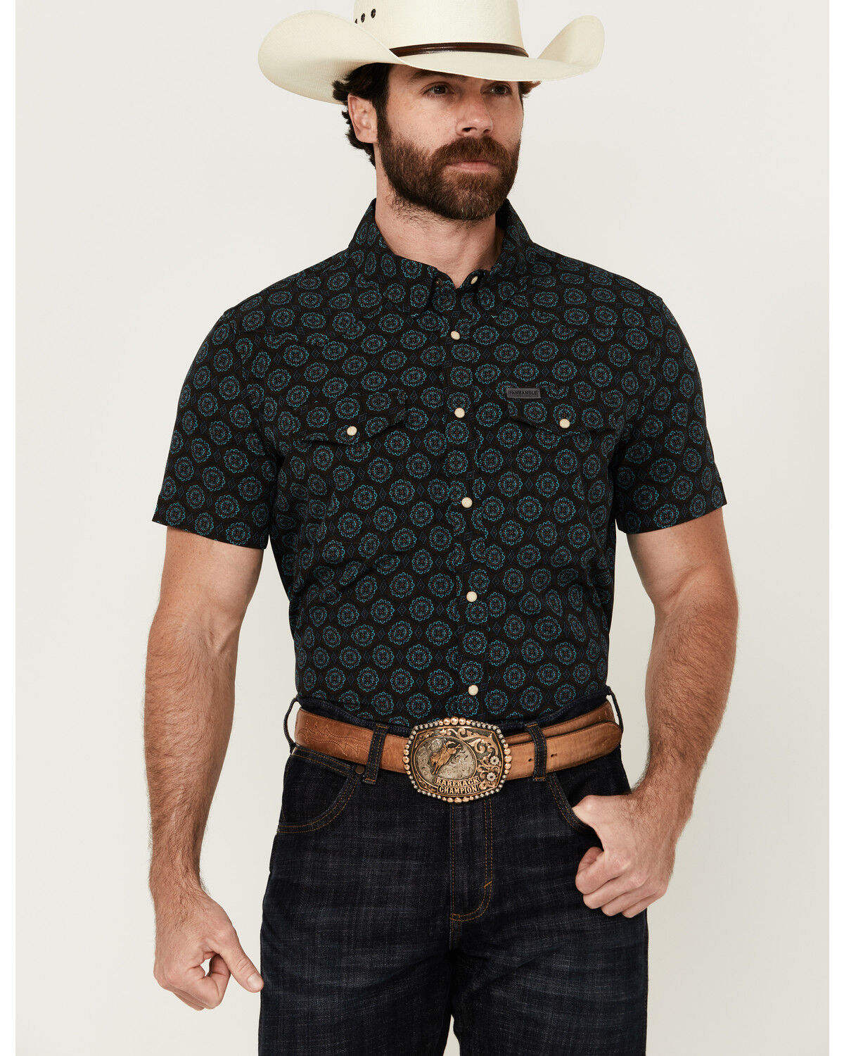 Image #1 - Panhandle Men's Medallion Print Short Sleeve Snap Stretch Western Shirt, Turquoise, hi-res