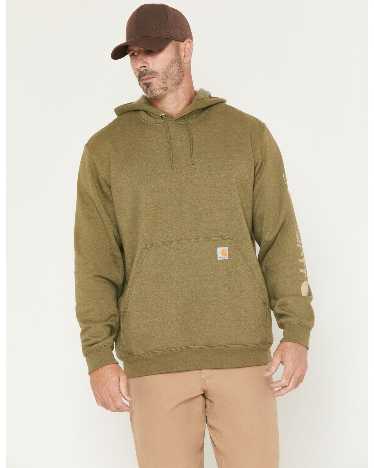 Carhartt Men's Loose Fit Midweight Logo Sleeve Graphic Hooded Sweatshirt, Dark Green, hi-res
