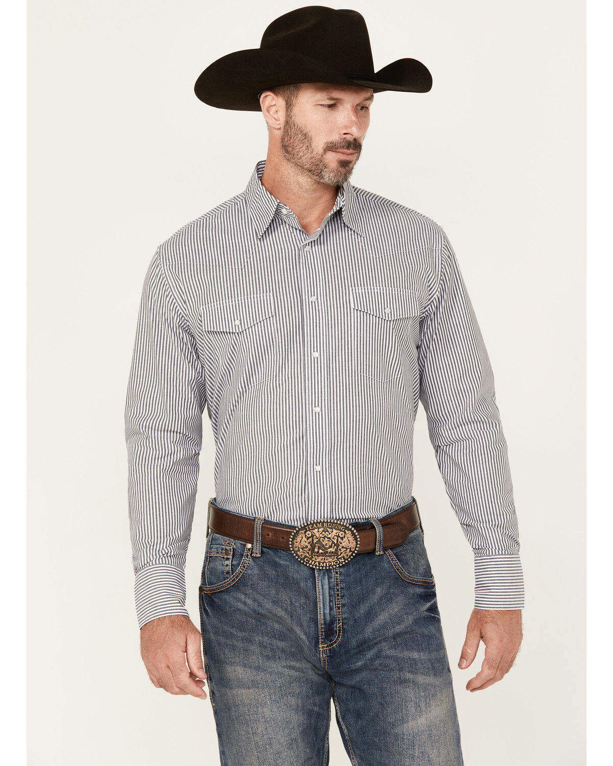 Image #1 - Wrangler Men's Striped Print Long Sleeve Snap Stretch Western Print, Charcoal, hi-res