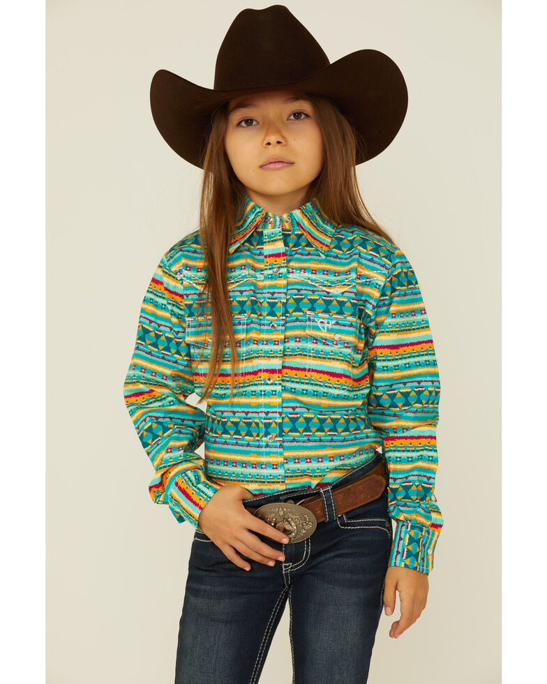 Cowboy Hardware Girls' Vintage Southwestern Print Long Sleeve Shirt, Teal, hi-res