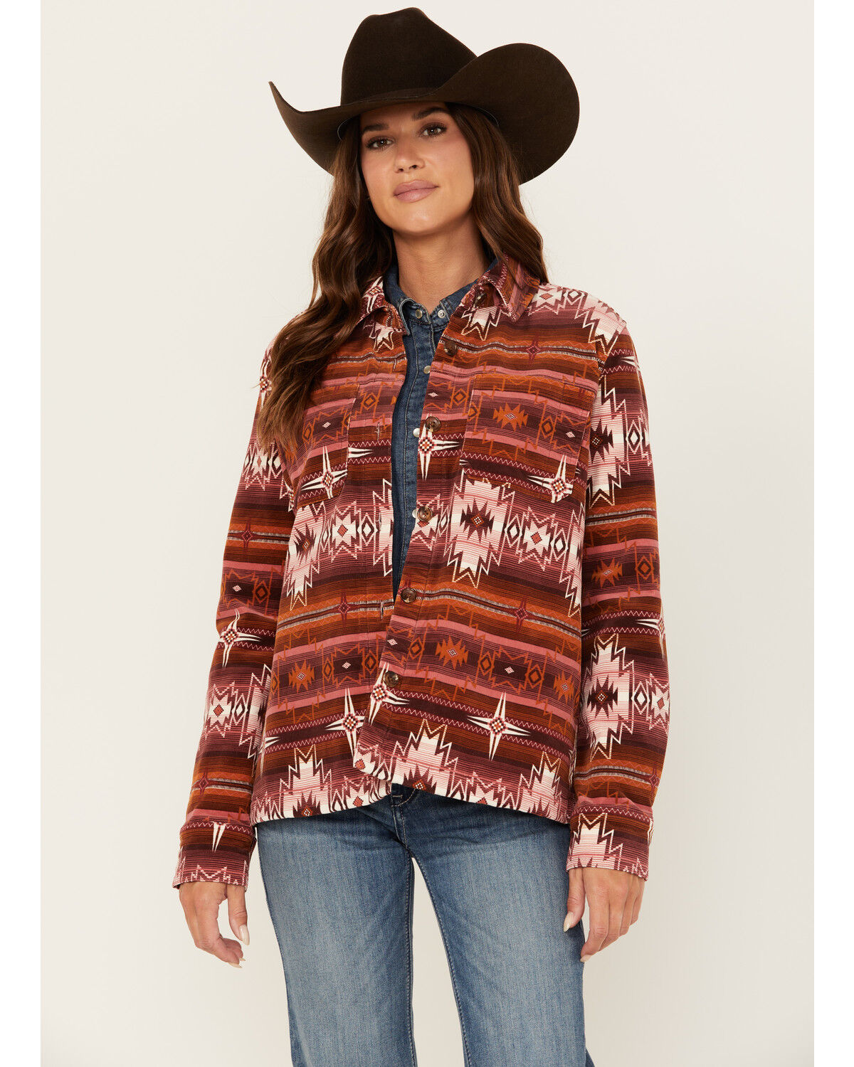 Image #1 - Shyanne Women's Southwestern Striped Print Corduroy Barn Shacket, Mahogany, hi-res
