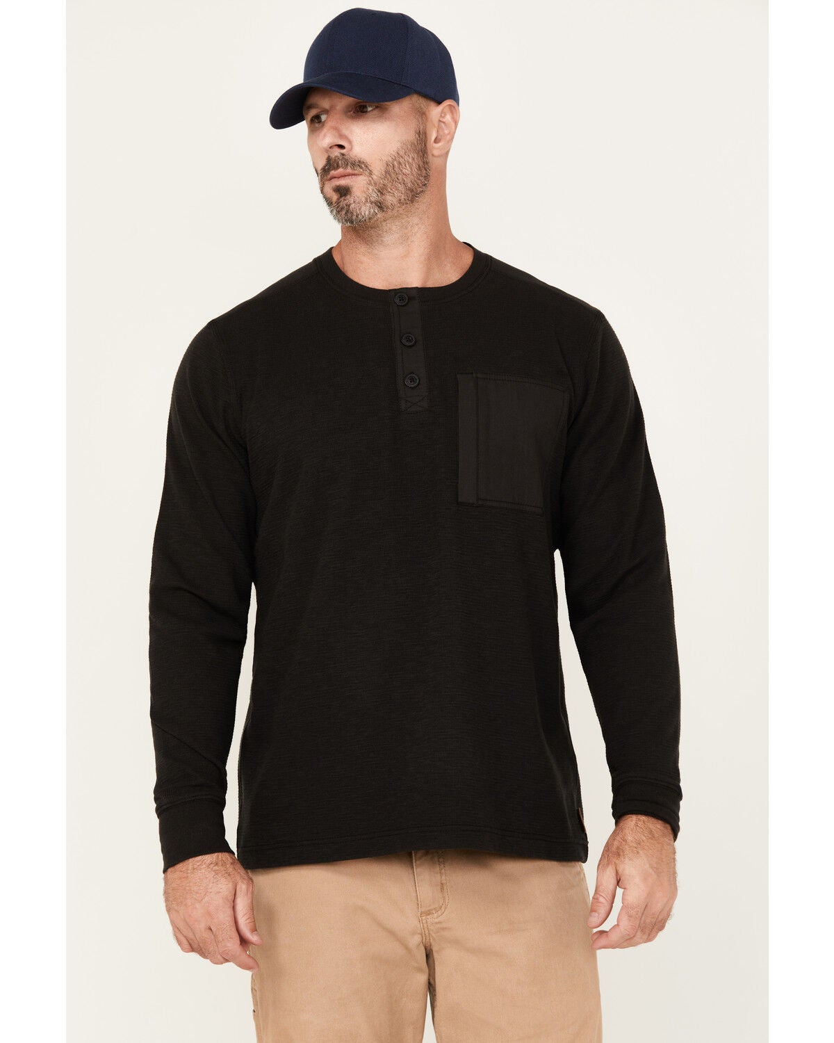 Lucky Brand Workwear Men's Slub Thermal Long Sleeve Pocket Henley Shirt, Black, hi-res