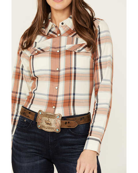 Image #3 - Shyanne Women's Lander Plaid Print Long Sleeve Snap Western Shirt, Cream, hi-res
