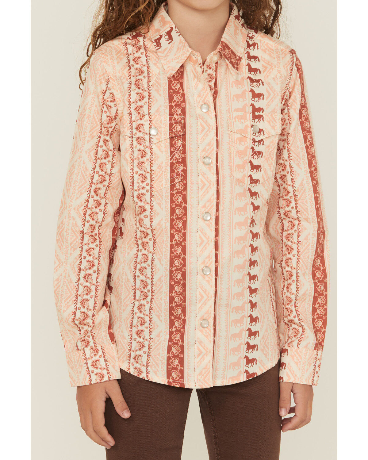 Image #3 - Wrangler Girls' Horse Striped Print Long Sleeve Snap Western Shirt, Pink, hi-res