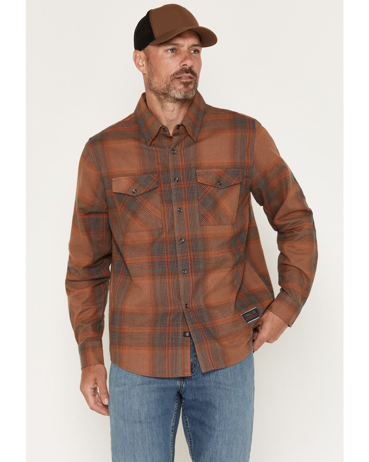 Troll Co Men's Jackson Plaid Print Long Sleeve Snap Flannel Work Shirt, Brown, hi-res