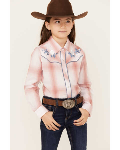 Image #1 - Ely Walker Girls' Rose Embroidered Plaid Print Long Sleeve Pearl Snap Western Shirt , Rose, hi-res