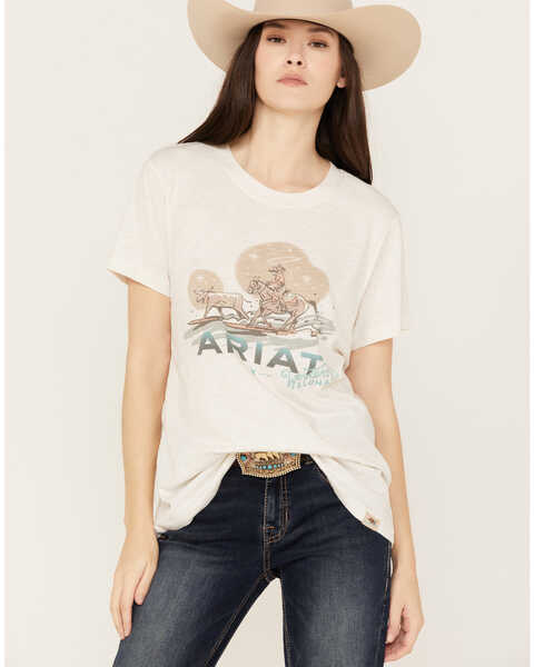 Image #1 - Ariat Women's Surfin' Longhorn Aloha Short Sleeve Graphic Tee , Ivory, hi-res