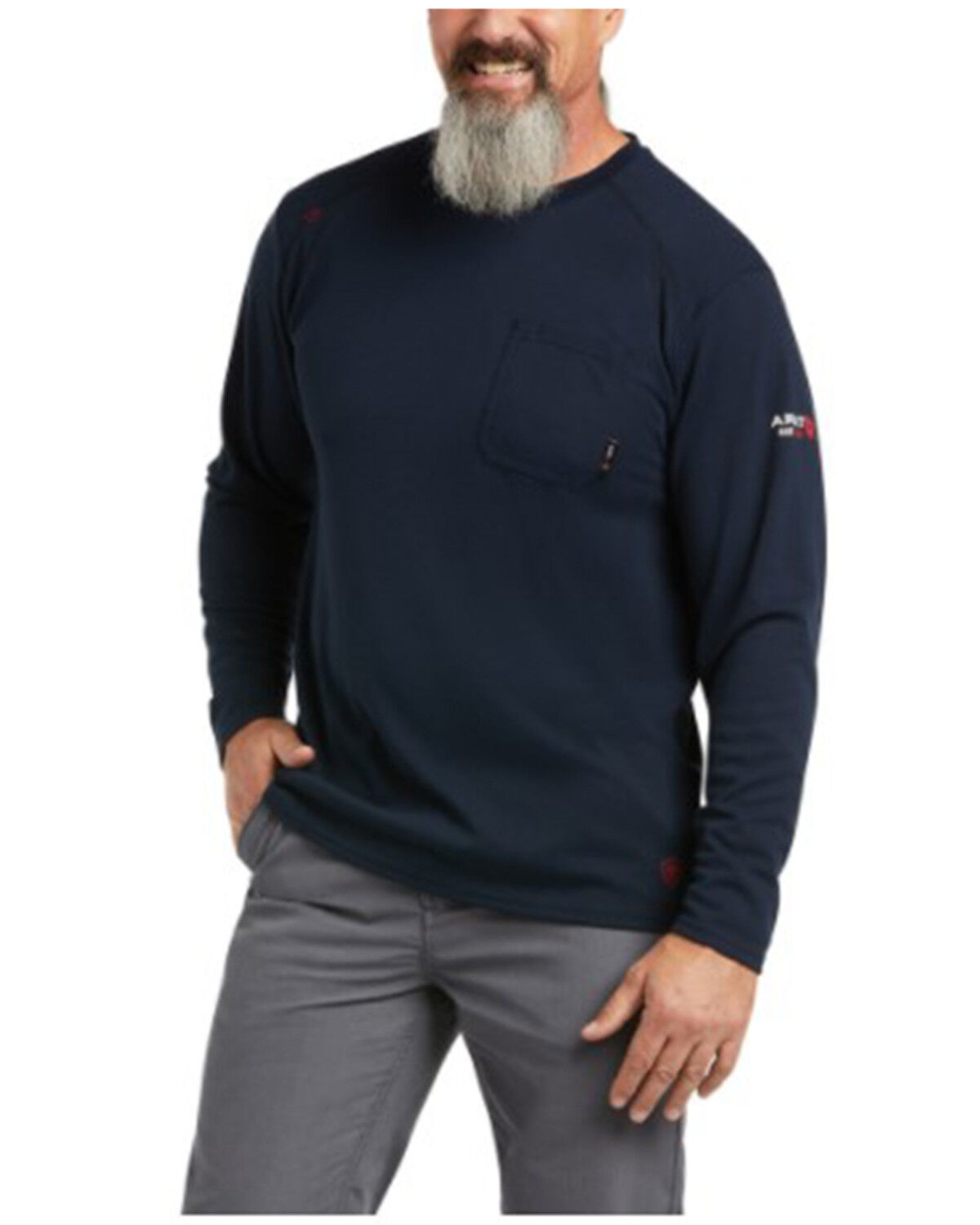 Image #1 - Ariat Men's FR Max Protect Baselayer Long Sleeve Work Pocket T-Shirt, Navy, hi-res