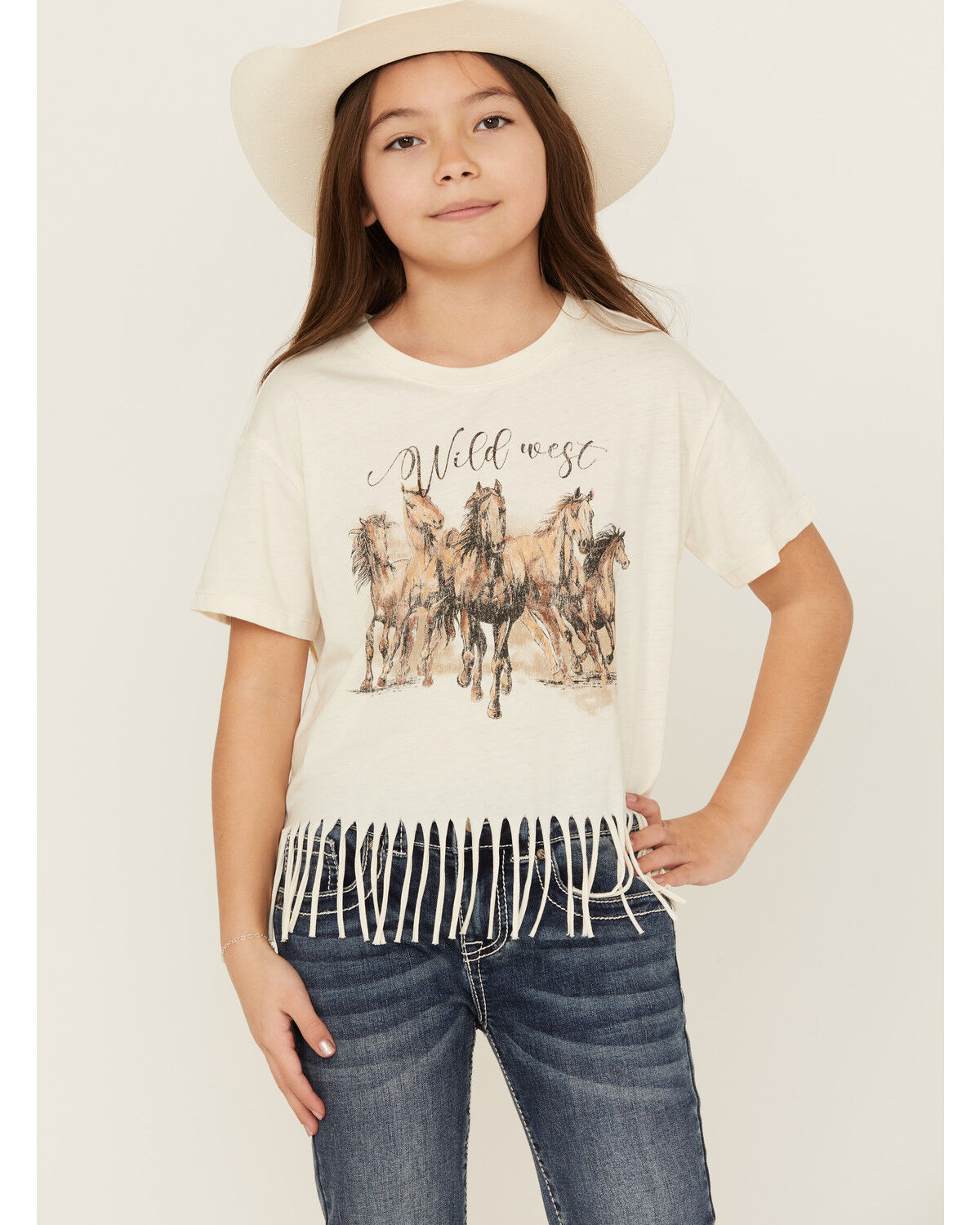 Image #1 - Shyanne Girls' Running Horse Fringe Short Sleeve Tee, Ivory, hi-res
