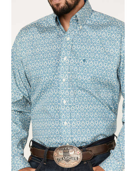 Image #3 - Stetson Men's Floral Geo Print Long Sleeve Button Down Western Shirt, Blue, hi-res