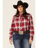 Image #1 - Roper Women's Plaid Print Bull Embroidered Yoke Long Sleeve Snap Western Core Shirt - Plus, Red, hi-res