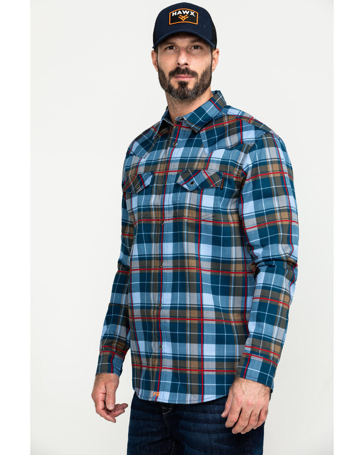 Image #3 - Cody James Men's FR Woven Plaid Print Long Sleeve Button Down Work Shirt, Light Blue, hi-res