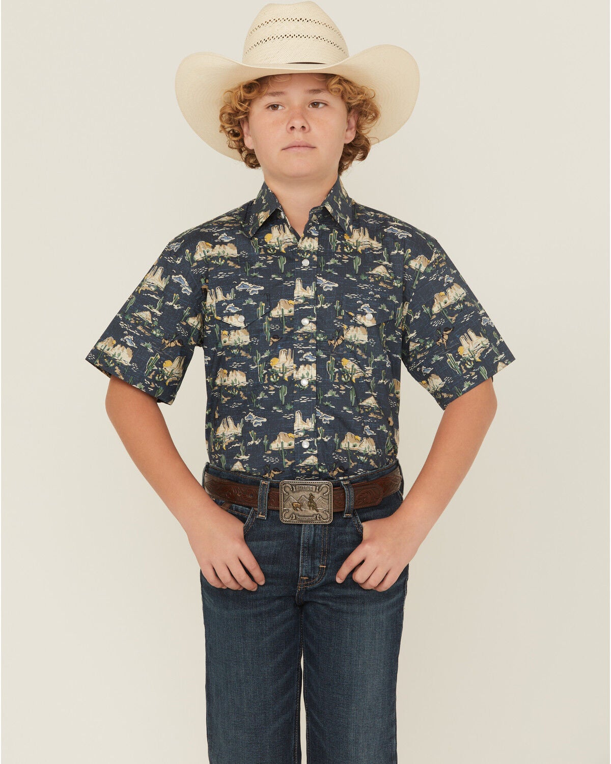 Panhandle Slim Boys' Desert Print Short Sleeve Snap Western Shirt, Navy, hi-res