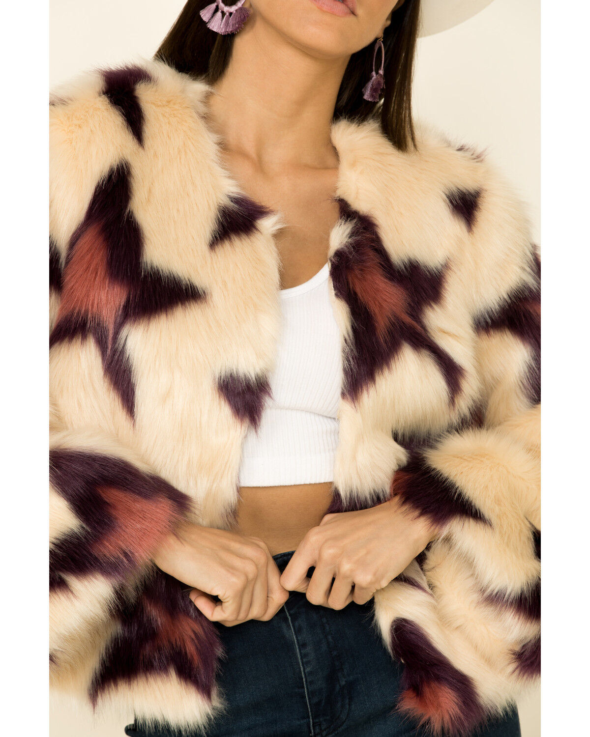 Image #4 - Band Of Gypsies Women's Ivory Star Faux Fur Jacket , , hi-res