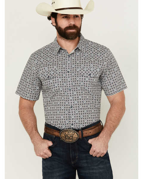 Image #1 - Gibson Men's Haven Geo Print Short Sleeve Snap Western Shirt , White, hi-res