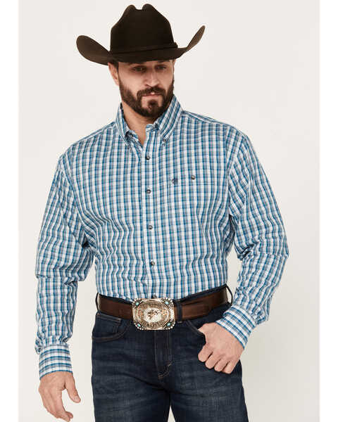 Image #1 - Wrangler Men's Classic Plaid Long Sleeve Button Down Western Shirt, Teal, hi-res
