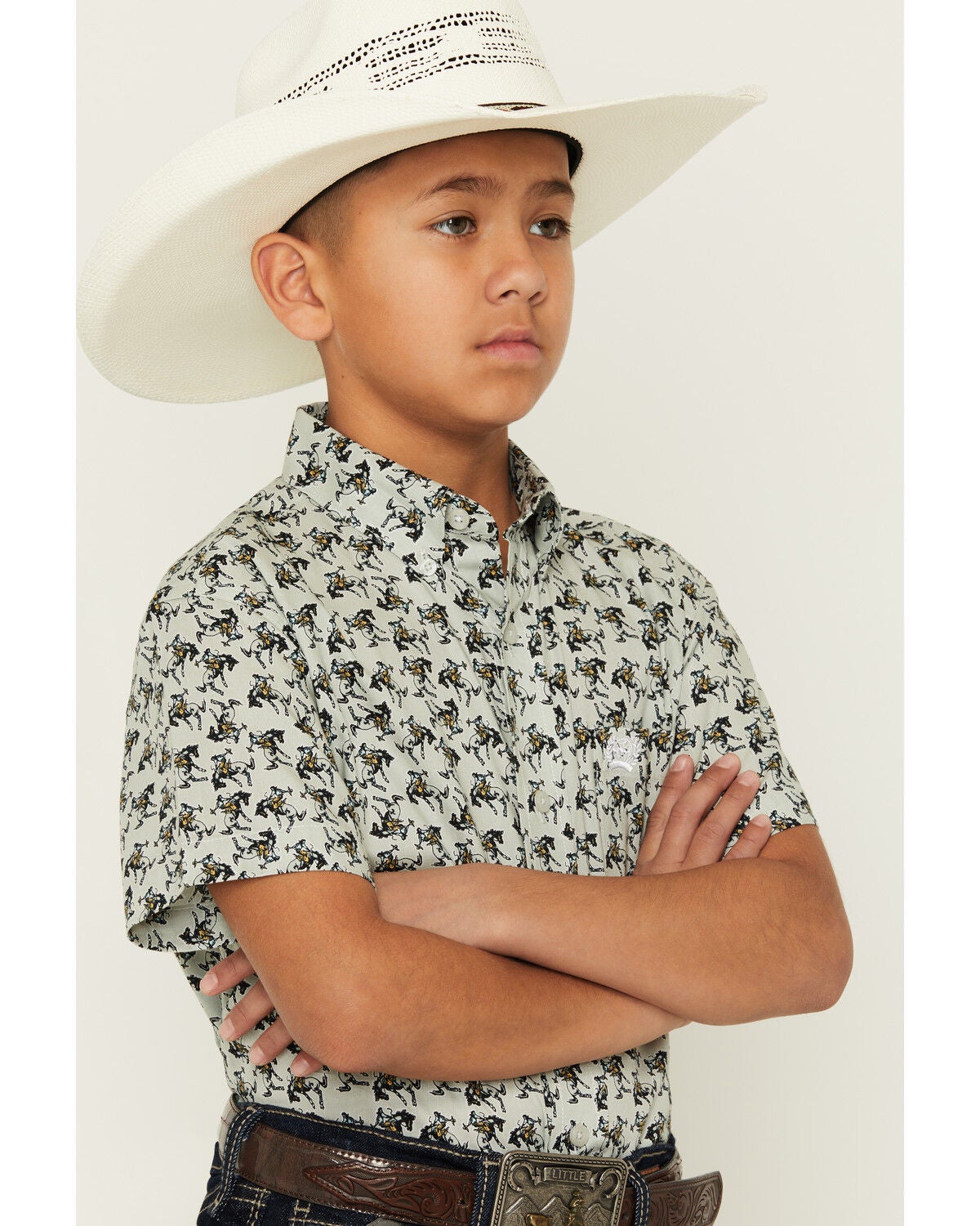Image #2 - Cinch Boys' Horse Print Short Sleeve Button-Down Western Shirt, Grey, hi-res