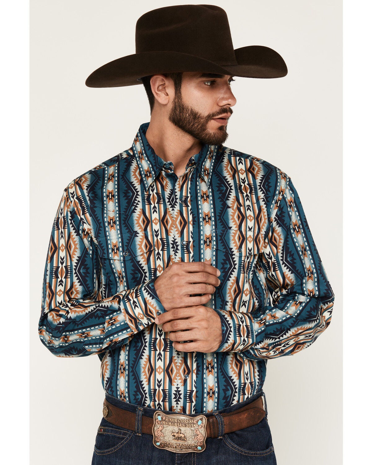 Image #1 - Wrangler Men's Checotah Southwestern Striped Long Sleeve Pearl Snap Western Shirt, Teal, hi-res