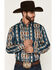 Image #1 - Wrangler Men's Checotah Southwestern Striped Long Sleeve Pearl Snap Western Shirt, Teal, hi-res
