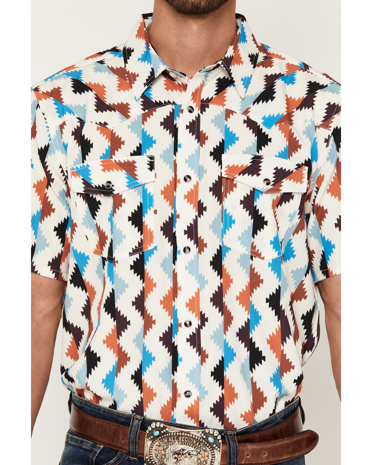 Image #3 - RANK 45&reg; Men's Zig Zag Southwestern Stripe Print Rodeo Tech 2.0 Short Sleeve Snap Stretch Western Shirt, Blue, hi-res