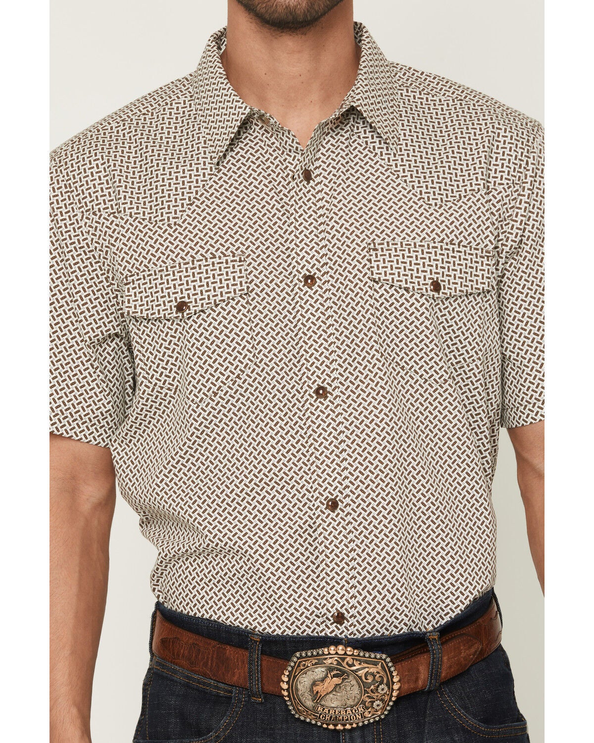 Image #3 - Gibson Trading Co Men's Sedona Tile Geo Print Short Sleeve Snap Western Shirt - Big, Brown, hi-res