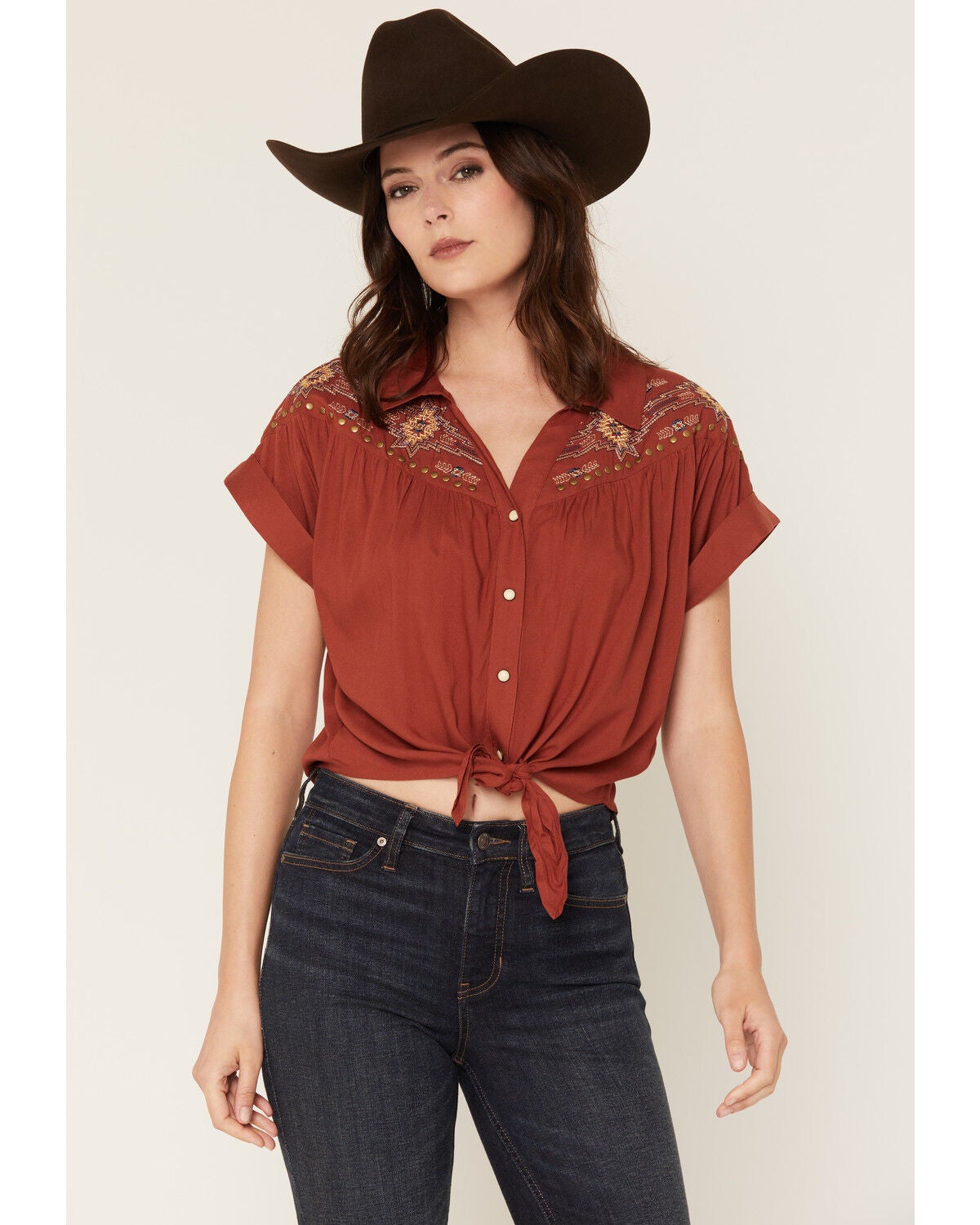 Shyanne Women's Embroidered Short Sleeve Snap Tie-Front Shirt, Chilli, hi-res