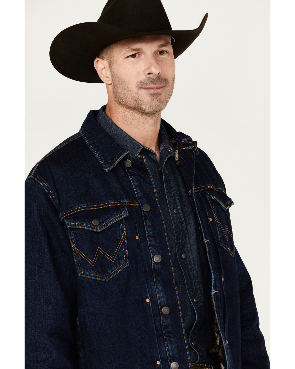Image #2 - Wrangler Men's Vintage Sherpa Lined Trucker Jacket, Dark Blue, hi-res