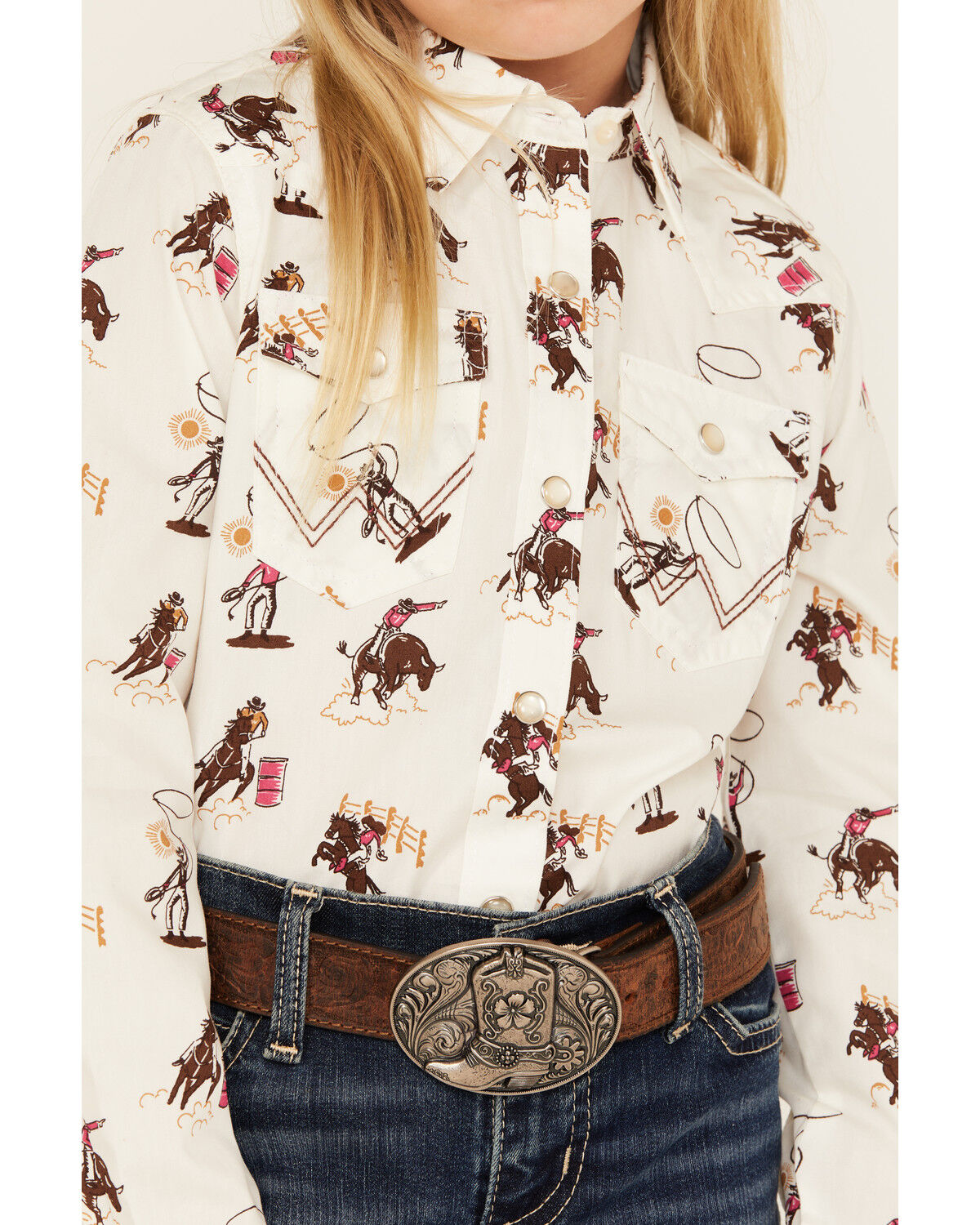 Image #3 - Wrangler Girls' Rodeo Long Sleeve Snap Western Shirt, White, hi-res