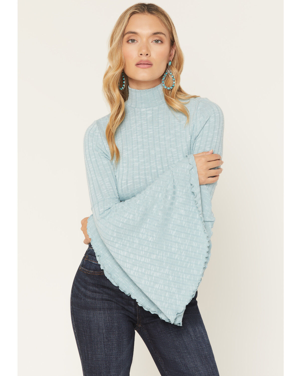 Image #1 - Shyanne Women's Solid Long Bell Sleeve Shirt, Aqua, hi-res