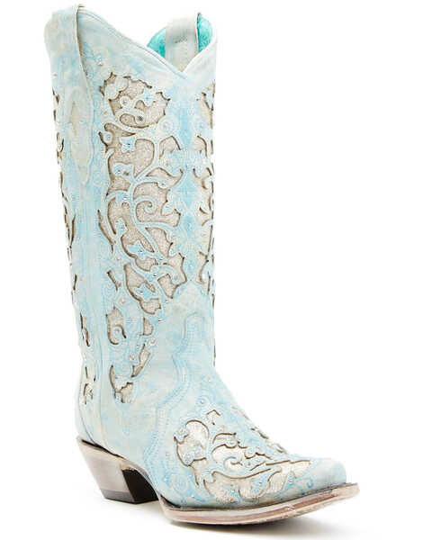 Corral Women's Boot Barn Exclusive Glitter Inlay Western Boots - Snip Toe, Light Blue, hi-res
